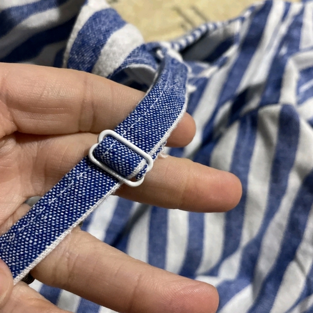 Old Navy Size Medium Blue And White Striped Dress Linen Blend Back Smocking - Picture 8 of 11